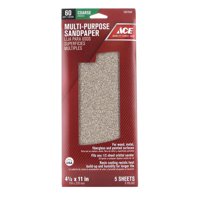 Ace 11 in. L X 4-1/2 in. W 60 Grit Aluminum Oxide Sandpaper 5 pk