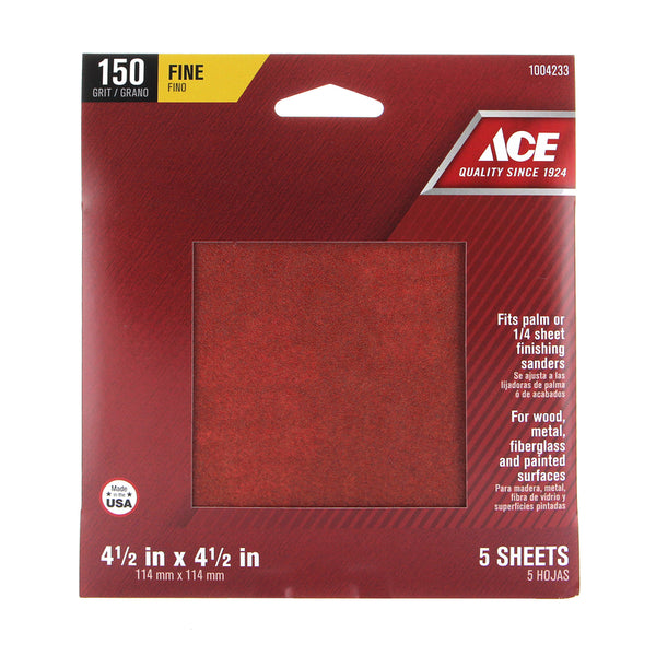 Ace 4.5 in. L X 4.5 in. W 150 Grit Aluminum Oxide Sandpaper 5 pk Palmer Ace Hardware