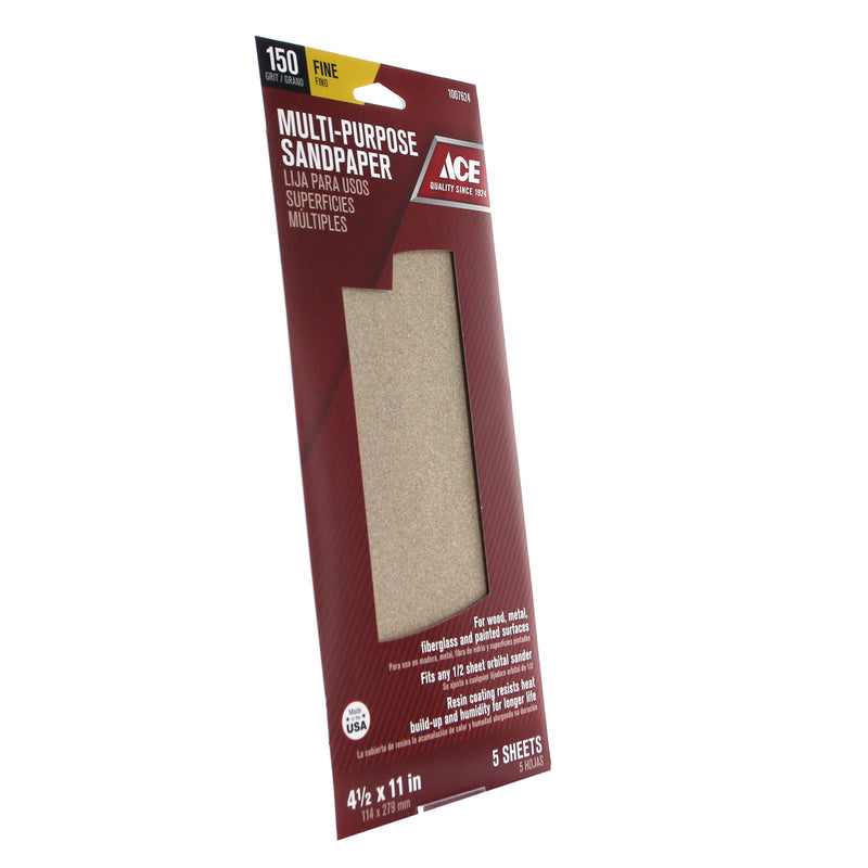 Ace 11 in. L X 4-1/2 in. W 150 Grit Aluminum Oxide Sandpaper 5 pk