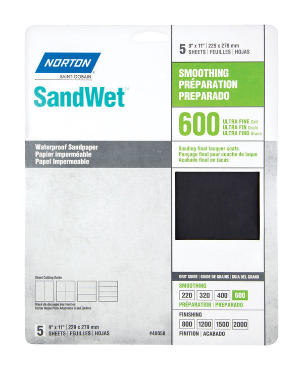 Norton SandWet 11 in. L X 9 in. W 600 Grit Aluminum Oxide Waterproof Sandpaper 5 pk